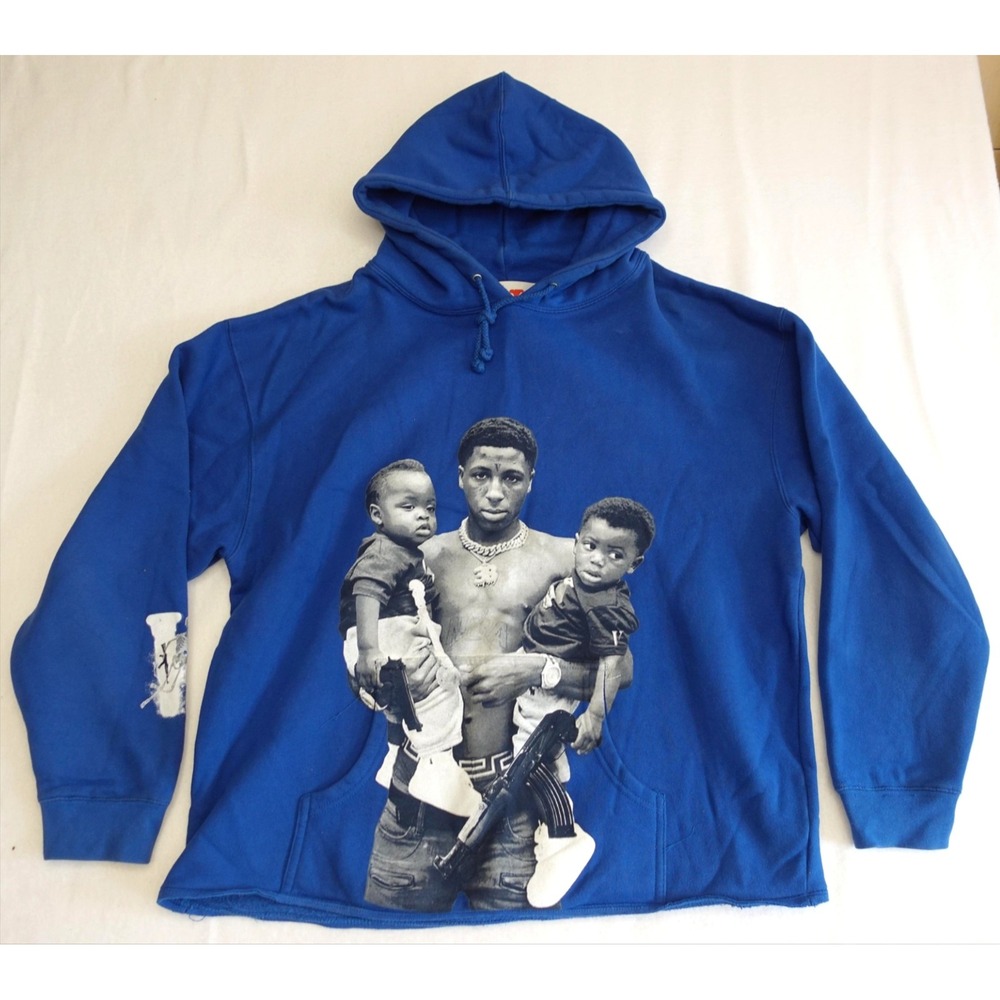 NBA Youngboy Hoodie Mens XL Blue Fleece Pullover Graphic V Back Rap Hip Hop